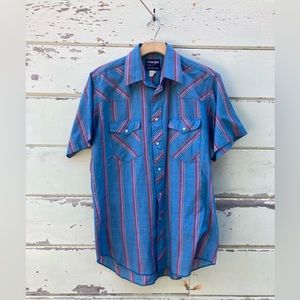 Men’s Wrangler Pearl Snap Button down short sleeve Shirt Blue Stripe size Medium